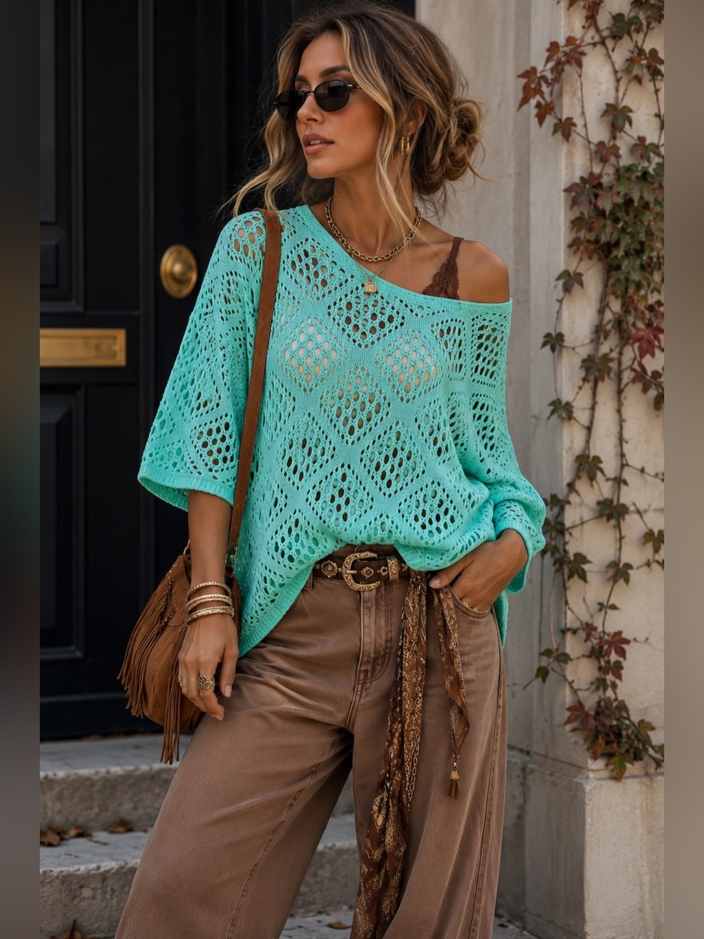 Aqua Crochet Open Knit Tunic Sweater Top 3/4 Sleeve Oversized Boho Large